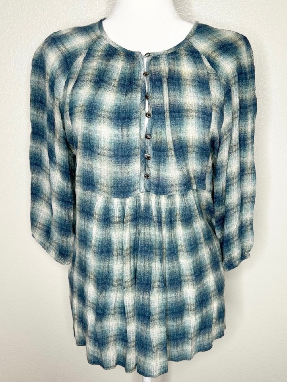 Maeve Anthropologie Womens Teal Plaid Buttoned Smocked Babydoll Top Size S